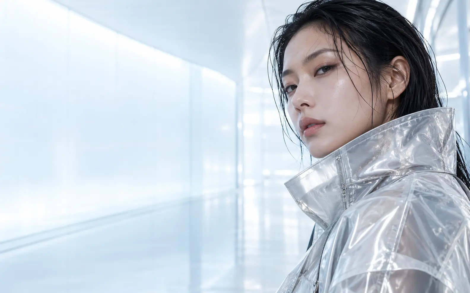 Model wearing a translucent silver MOOD technical jacket in an icy glass corridor